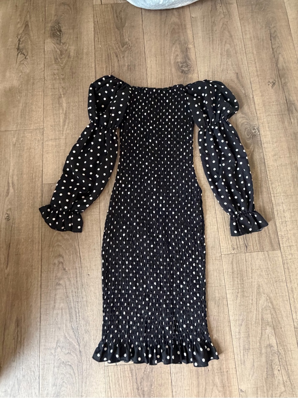 Black Polka Dot Smocked Off-Shoulder Midi Dress